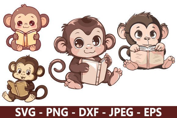 Adorable Monkey Reading Book SVG