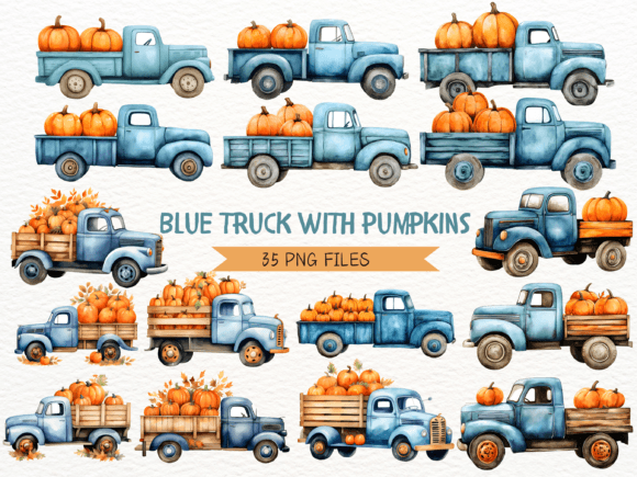 Blue Autumn Truck with Pumpkins: A Versatile Clipart Set for Fall Projects