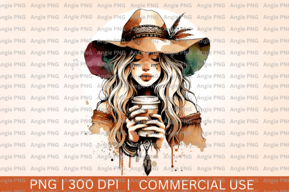 Fall Boho Witch with Coffee PNG Clipart