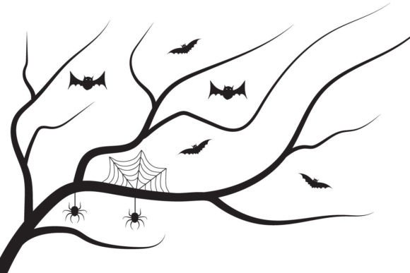 Halloween Tree Bat Hanging on Spiders A Versatile Design Resource for Spooky Creations