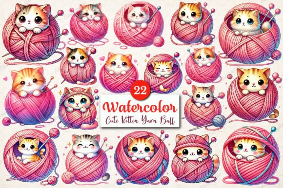 Watercolor Cute Kitten Yarn Ball Clipart
