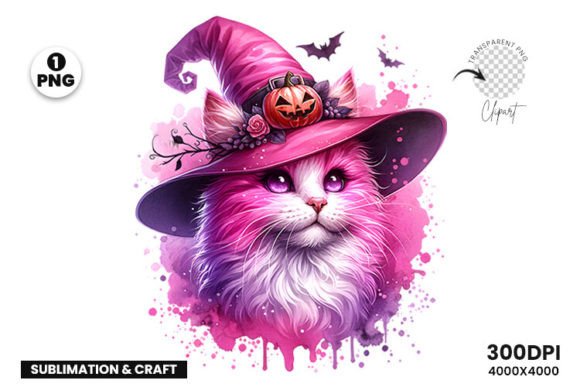 Watercolor Halloween Pink Cat Witch PNG: A Creative Digital Asset for Halloween Projects